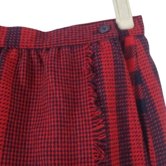 Vintage Red Navy Blue Plaid 80s Office Midi Skirt Timeless Retro Fringe Wrap - Picture 2 of 8